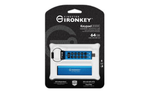 Kingston Technology IronKey Keypad 200 USB flash drive 64 GB USB Type-C 3.2 Gen 1 (3.1 Gen 1) Blue