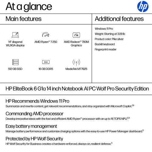HP EliteBook 6 G1a AI PC Wolf Pro Security Edition AMD Ryzen™ 7 250 Laptop 14" WUXGA 16 GB DDR5-SDRAM 512 GB SSD Wi-Fi 7 (802.11be) Windows 11 Pro Silver