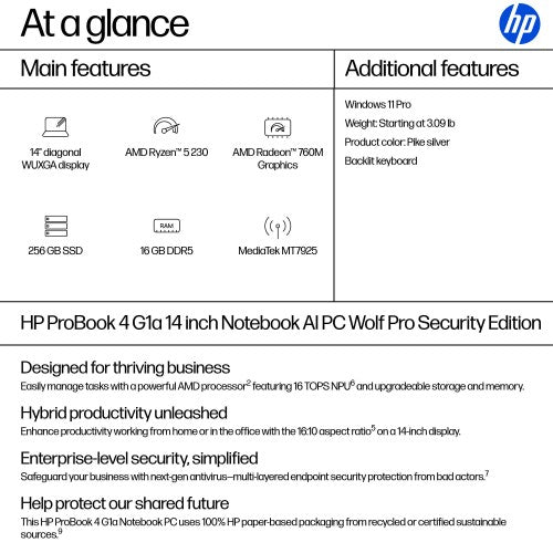 HP ProBook 4 G1a AI PC Wolf Pro Security Edition AMD Ryzen™ AI 5 230 Laptop 14" WUXGA 16 GB DDR5-SDRAM 256 GB SSD Wi-Fi 7 (802.11be) Windows 11 Pro Silver