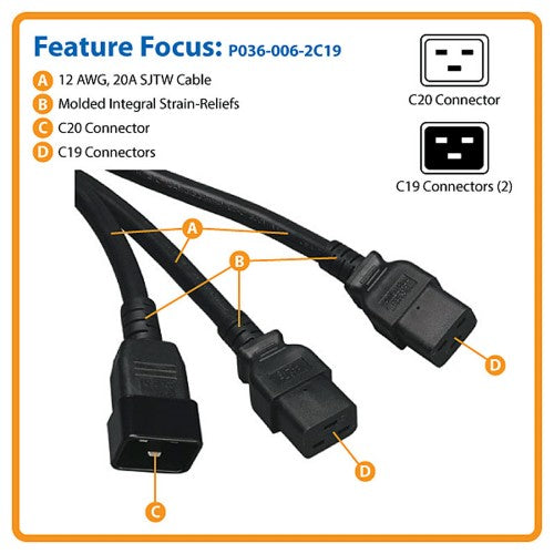 Tripp Lite P036-006-2C19 power cable Black 70.9" (1.8 m) IEC C20 2 x C19 coupler